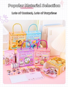 Detail of DIY craft kits featuring cartoon PET stickers and washi tapes in gift boxes