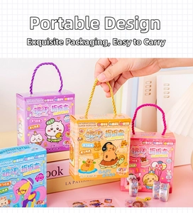 Close-up of portable DIY cartoon sticker gift box with handle and vibrant character art