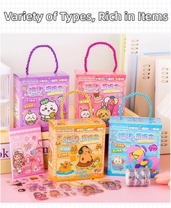 Detail of DIY stationery gift sets featuring cartoon stickers and colorful accessories