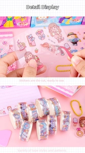Detail of pink cartoon PET stickers and decorative washi tape set for DIY crafts