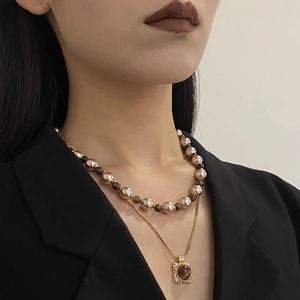 Collier Double Couche En Pierre Oeil De Tigre Imitation Künstliche Perle Zircon Pendentif Carré Style Rétro Français Bijoux Femmes