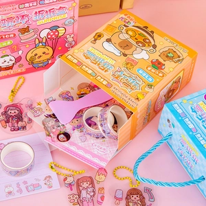 DIY stationery gift set featuring Capybara stickers, tapes, and acrylic charms in pink box