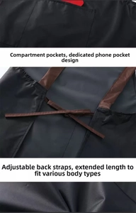 Detail of waterproof apron featuring divided utility pockets and a dedicated phone pouch