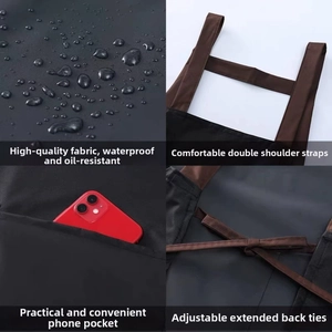 Detailed views of waterproof kitchen apron with dual straps and large phone pockets