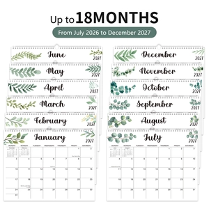 Detail of 18-month spiral wall calendar with watercolor plant patterns and U.S. holidays