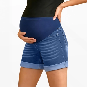 Detail of maternity denim shorts showing high elastic navy belly support band