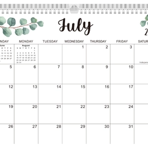 18-month spiral monthly calendar with eucalyptus design showing July grid page
