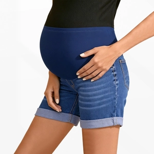 Fashionable denim maternity shorts with high elastic belly band and rolled hems in blue