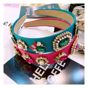 Baroque crystal headband set with luxury blue and rose pink gemstones for women