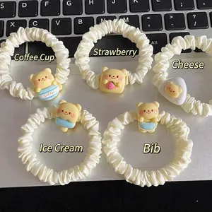 Chouchous En Tissu Plissé Ours En Résine Mignon Attaches De Cheveux Élastiques Blanc Crème Accessoires Cheveux Filles