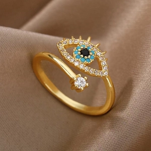 Evil Eye Open Adjustable Ring For Women Copper Base Zirconia Rhinestone Turkish Style Jewelry Fashion Accessory