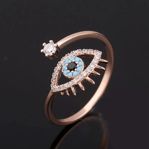 Rose gold evil eye open ring with white zircon pave and blue enamel eye detail