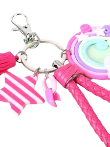 Pink rainbow star keychain with tassel and braided rope charm for bags and purses