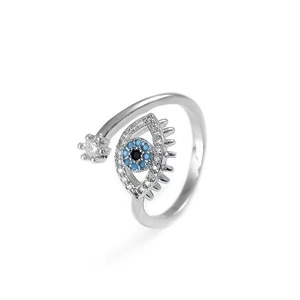Silver Evil Eye open ring with blue crystal stones and star detail on white background