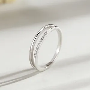 Minimalist S925 sterling silver double-layered open ring with sparkling zircon stones