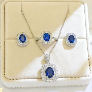 Royal Jewelry Necklace Earrings And Ring Oval Synthetic Sapphire Ruby Emerald Double Halo Copper Gold Plated For Women