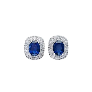 Elegant royal blue sapphire halo earrings with double row diamonds in silver finish