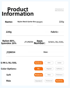 Size chart for high-elastic nylon halter sports bra with technical fabric specifications