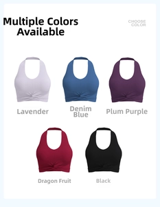 Detailed comparison of five colors for halter neck sports bras with twist-front design