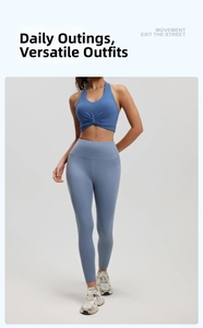 Detailed texture of blue halter yoga set featuring twist-front sports bra and high-waist leggings