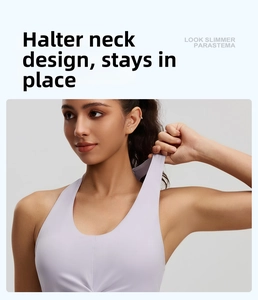 Detailed halter neck design of the lavender sports bra showing shoulder contouring fit