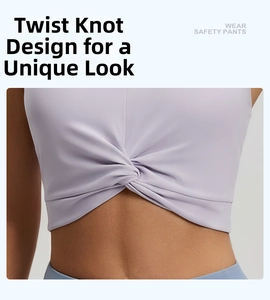 Detail of front twist design on purple high-stretch breathable yoga sports bra