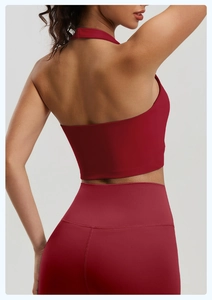 Detailed back view of deep red halter yoga bra with high-elasticity breathable fabric