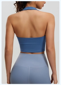 Detailed back view of a halter-neck sports bra and high-waist leggings set