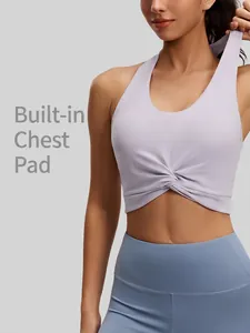 Women Halter Neck Sports Bra Twist Front High Elastic Yoga Tank Top With Removable Pads Breathable Nylon Spandex Athletic Activewear Top