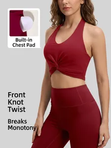 Halter neck sports bra and high waist leggings set in deep red with twist front detail