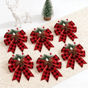 Christmas Decorative Bows With Natural Pine Cones Pine Needles Red Berries Plaid Red Velvet Burlap Holiday Tree Ornaments