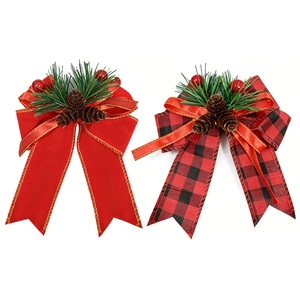 Christmas pine needle bows in red satin and buffalo plaid for holiday decor