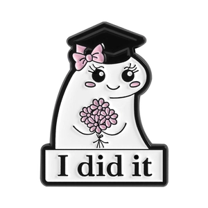 Cute cartoon character graduation pin with I did it quote and pink floral detail