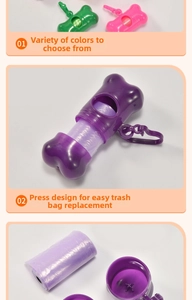 Detail of bone-shaped pet waste bag dispenser with easy-press disassembly and clip
