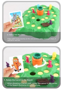 Detail of bunny trap board game showing rabbit falling into trap and carrot spin mechanics