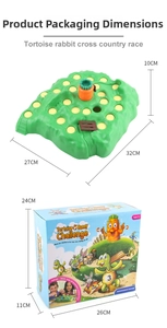 Detailed dimensions of Tortoise Bunny Challenge board game base and packaging box