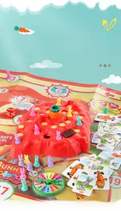 Detailed set of Bunny Challenge board game including map, cards, and colorful rabbit pawns