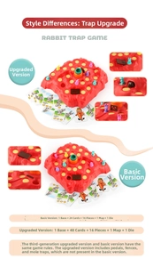 Detail view of rabbit trap board game showing hill base, colorful pieces and cards