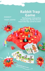Macro view of Rabbit Trap board game set with mountain base, bunny pieces and spinner