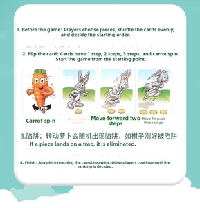 Detailed view of turtle and rabbit race board game cards with step-by-step instructions