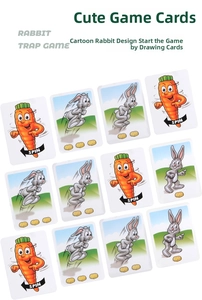 Collection of 12 rabbit trap game cards with spin carrots and jumping bunny graphics
