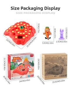 Detailed size specifications for Bunny Challenge board game components and packaging
