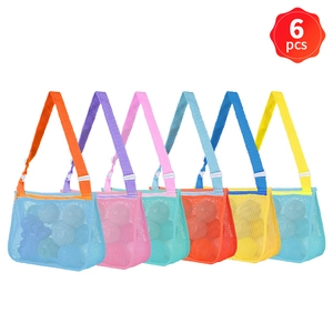 Set of 6 colorful mesh beach bags for kids with adjustable straps and zipper closures