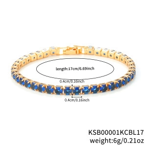 Classic 4mm gold plated tennis bracelet with square blue cubic zirconia stones