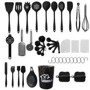 30-piece black silicone and stainless steel kitchen utensil set with marble storage bucket