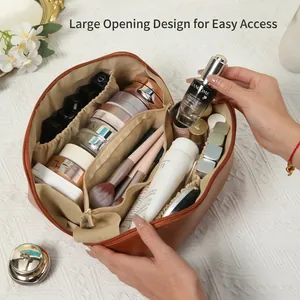 Large capacity brown PU leather makeup bag with wide opening and internal compartments