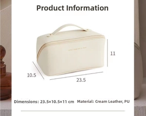 Detailed view of cream PU leather makeup bag with dimensions 23.5x10.5x11cm