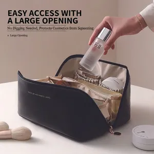 Large Capacity Makeup Bag PU Leather Waterproof Wide Opening Travel Cosmetic Organizer With Handle Portable For Women