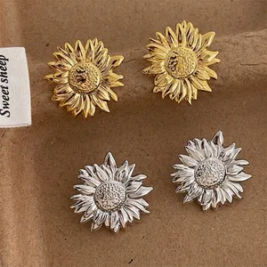 French vintage sunflower stud earrings set in 18K gold and silver plated finish