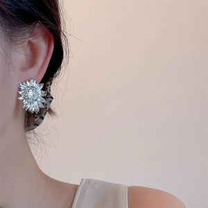 Detailed view of silver sunflower stud earrings featuring sparkling center micro-diamonds